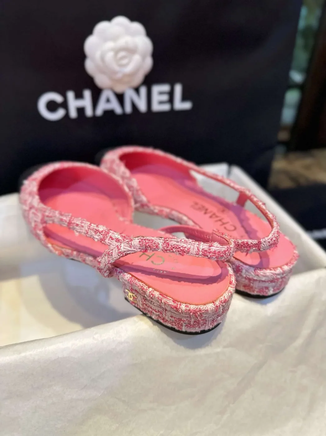 Chanel Woolen Lat Lace Up Sandals Pink Chanel Woolen Lat Lace Up Sandals Pink