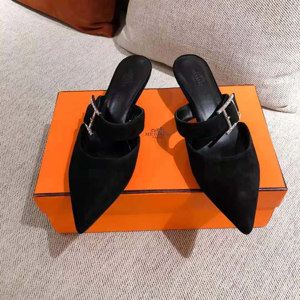 Hermes Blink Mule Mule in Suede Goatskin for Women in Black
