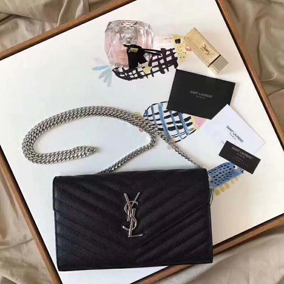 Saint Laurent Monogram Chain Wallet Grain De Poudre Embossed in Silver