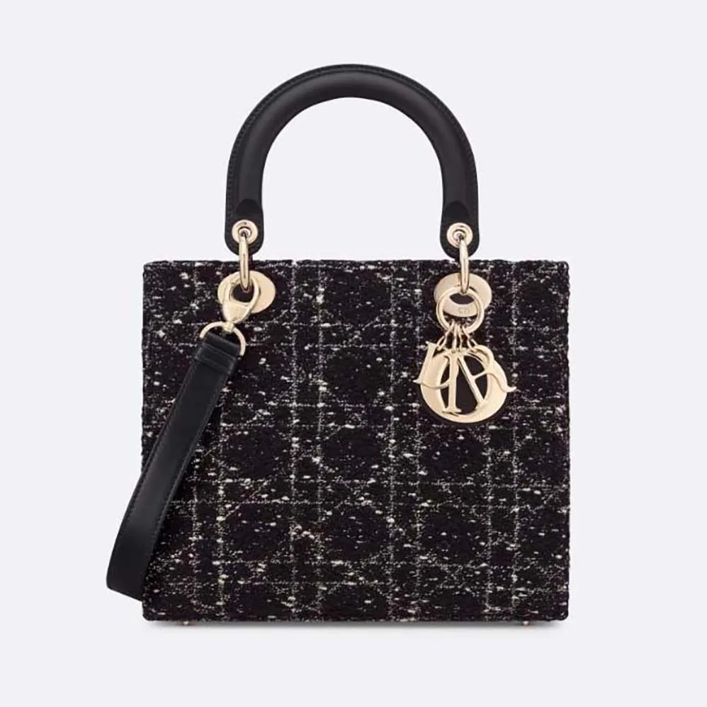 Dior Medium Lady D-lite Bag Black Cannage Tweed for Women Dior Medium Lady D-lite Bag Black Cannage Tweed for Women