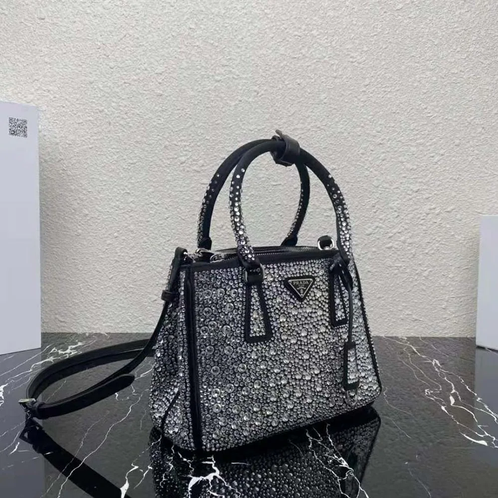 Prada Galleria Satin Mini-Bag with Crystals for Women in Black Prada Galleria Satin Mini-Bag with Crystals for Women in Black