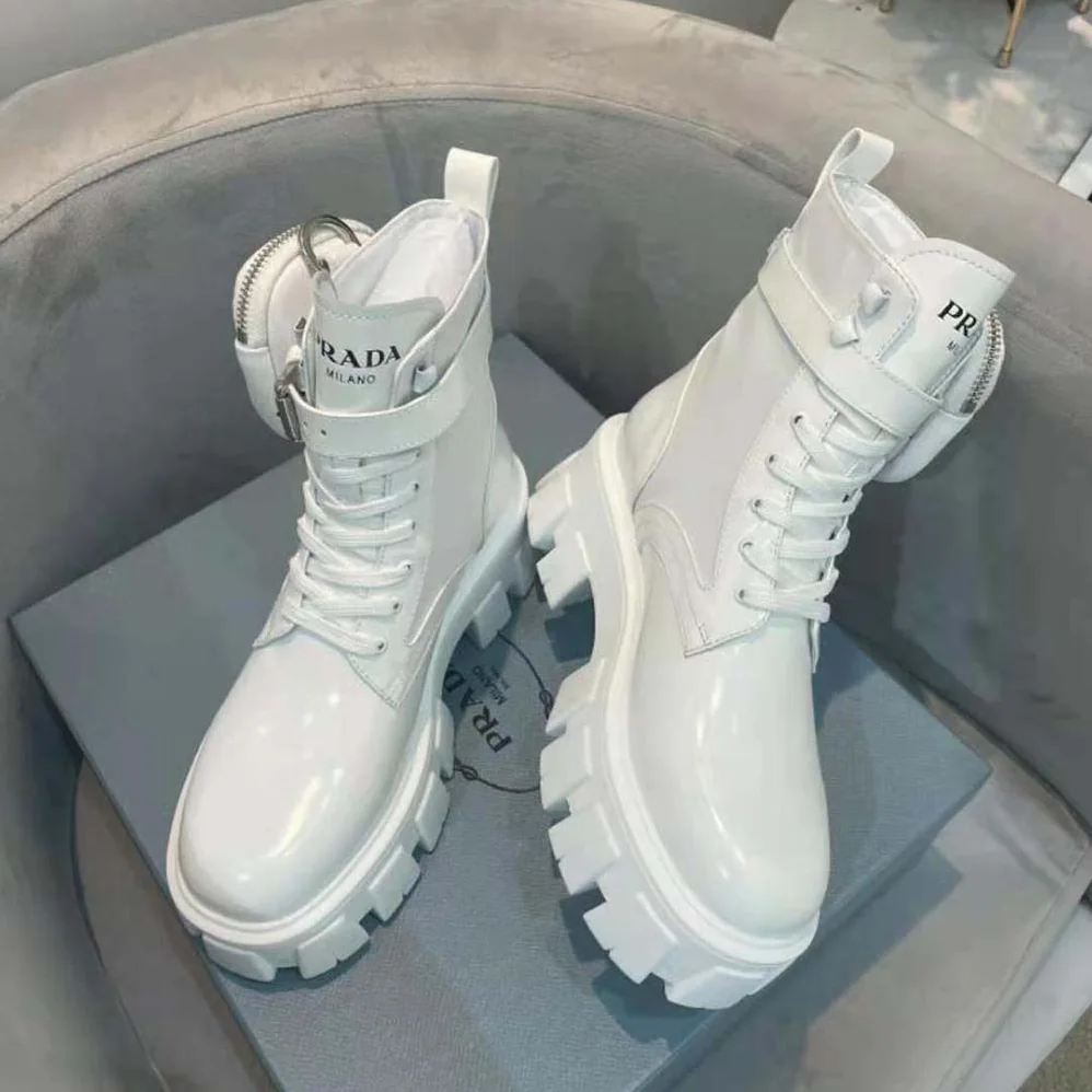 Prada Monolith Brushed Leather and Nylon Booties for Women Prada Monolith Brushed Leather and Nylon Booties for Women