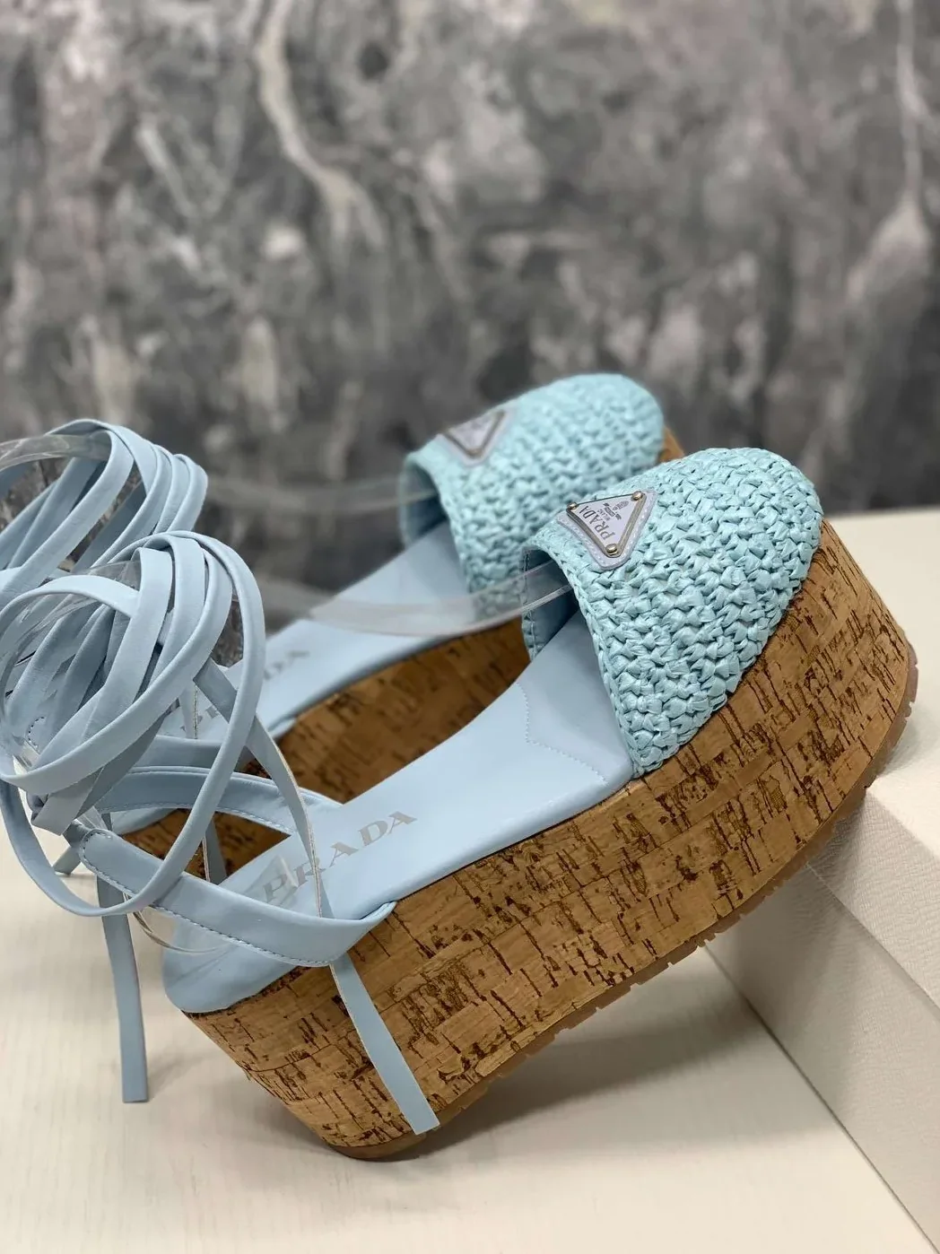 Prada Crochet Wedge Sandals Light Blue