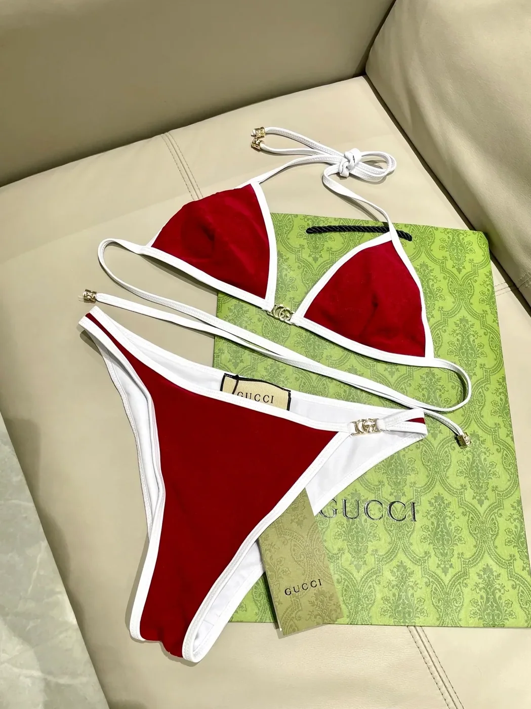 Gucci GG Jacquard Triangle Bikini Red Gucci GG Jacquard Triangle Bikini Red