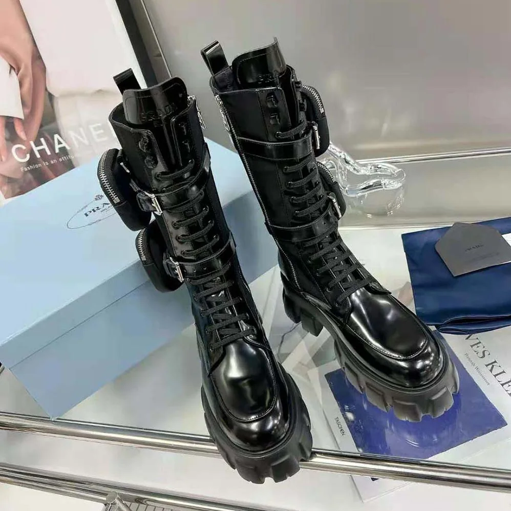 Prada Monolith Leather and Nylon Boots for Women in Black Prada Monolith Leather and Nylon Boots for Women in Black