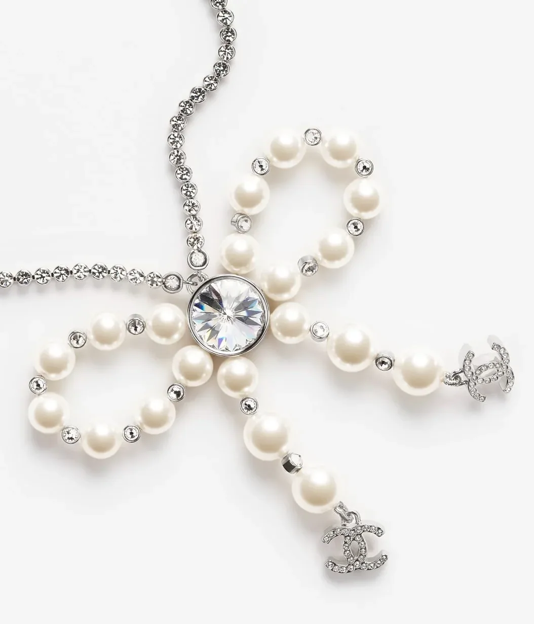 Chanel Bow Pendant Necklace Silver Pearly White