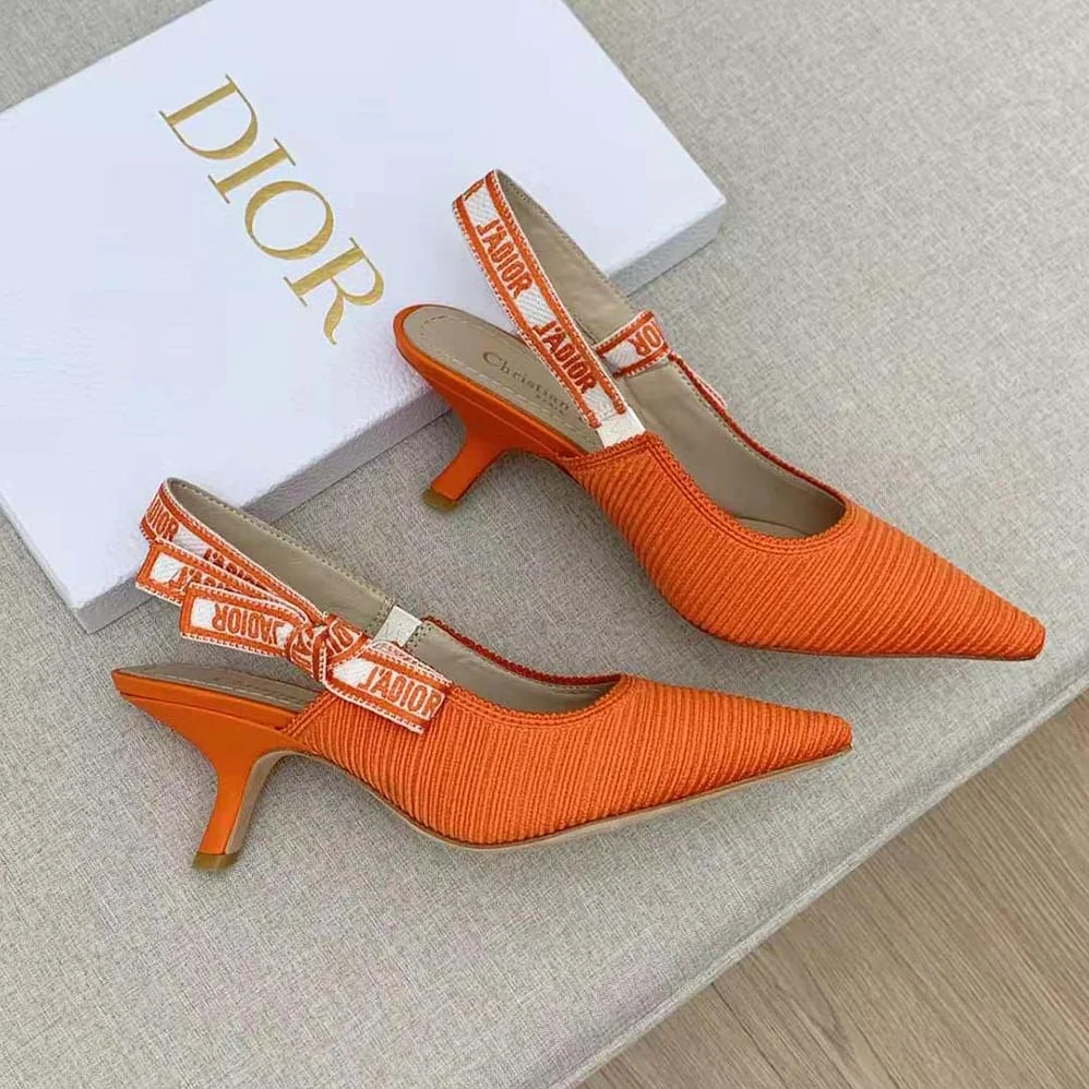 Dior J Adior Slingback Pump Bright Orange Cotton Embroidery for Women