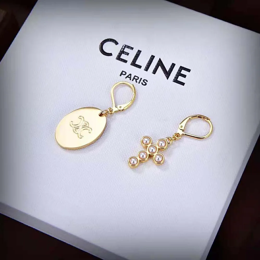 Celine Triomphe Folk Earrings in Brass with Gold Finish and Resin Pearls for Women