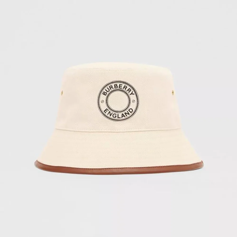 Burberry Leather Trim Logo Graphic Canvas Bucket Hat for Women