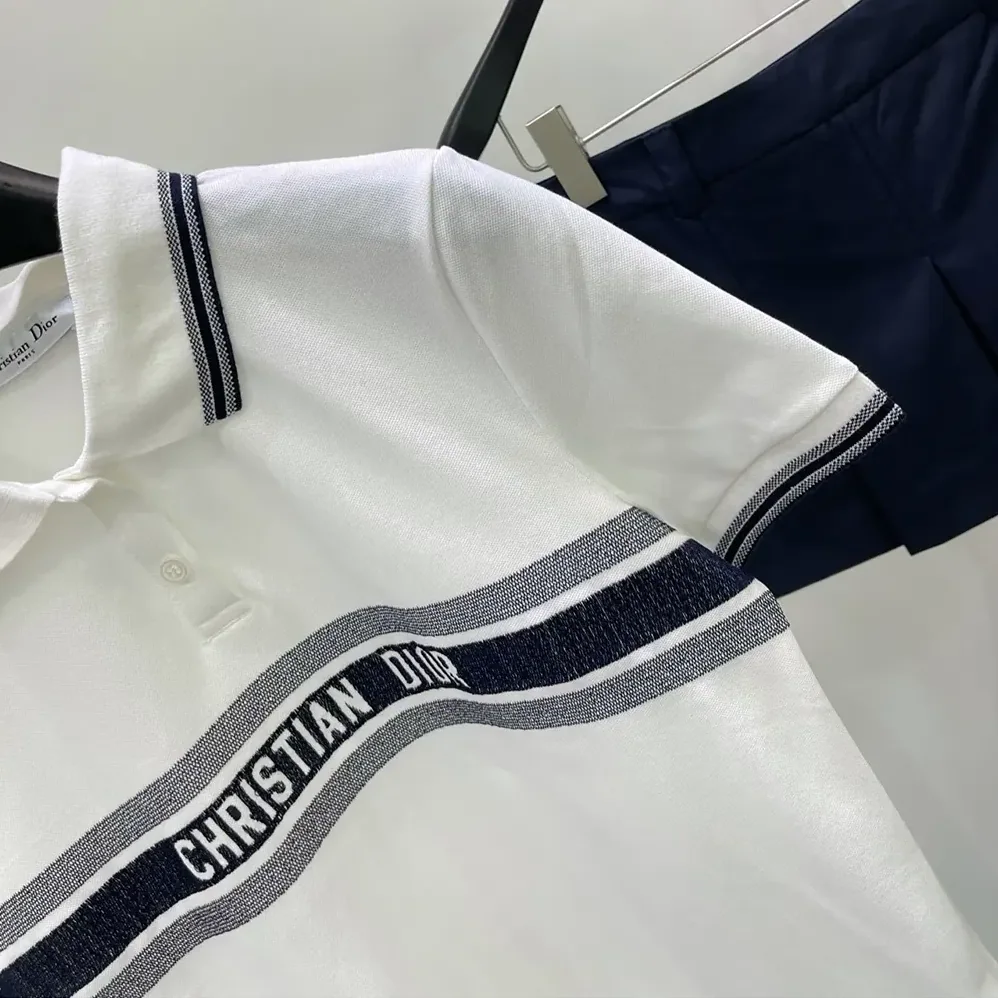 Dior Polo Shirt White and Navy Blue Cotton Jersey for Women
