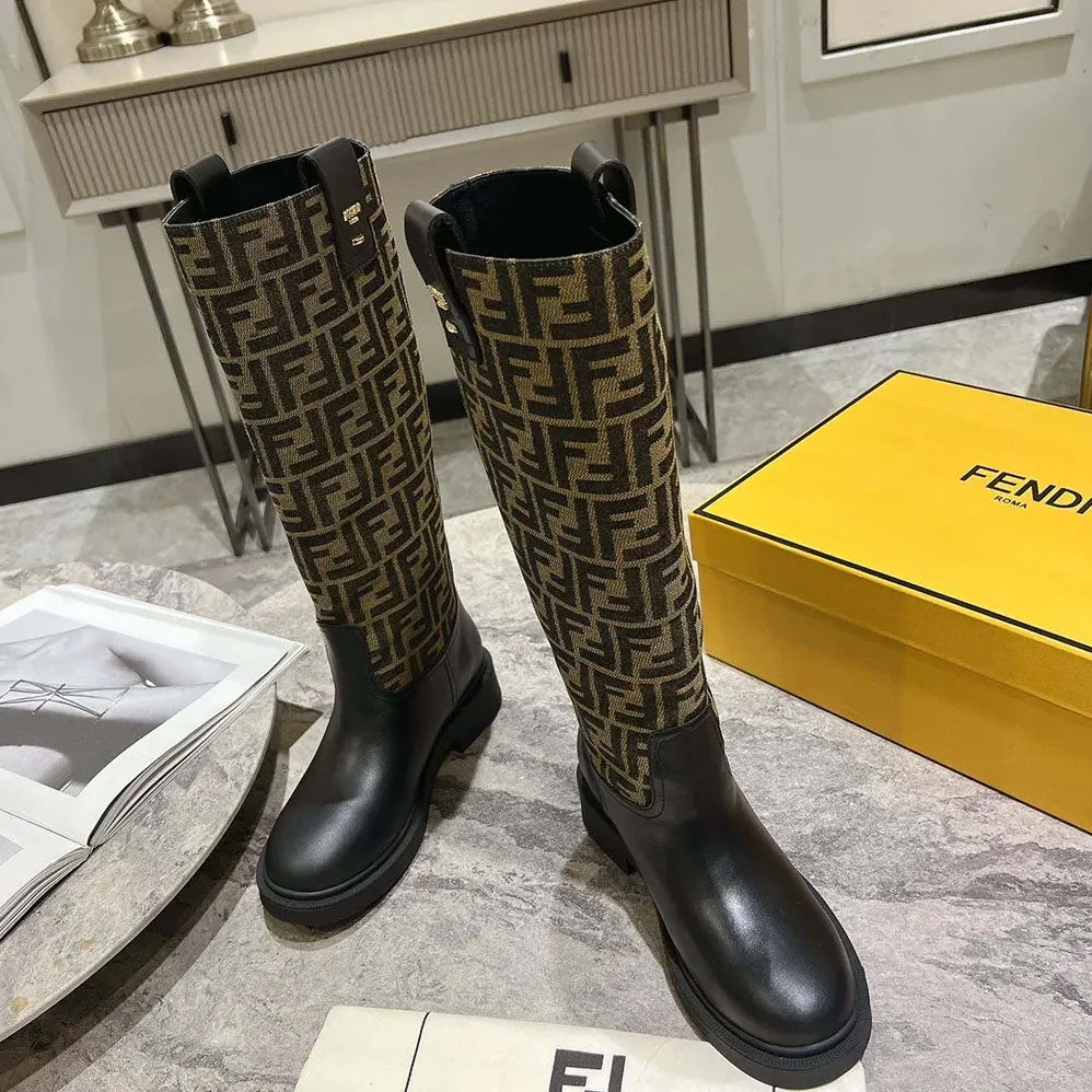 Fendi Filo Black Leather and Brown FF Fabric Boots for Women Fendi Filo Black Leather and Brown FF Fabric Boots for Women