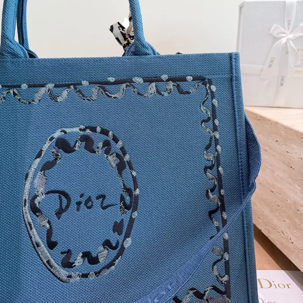 Dior Dioriviera Medium Dior Book Tote with Strap Blue-Greige Dior Painted Ribbon Embroidery for Women Dior Dioriviera Medium Dior Book Tote with Strap Blue-Greige Dior Painted Ribbon Embroidery for Women