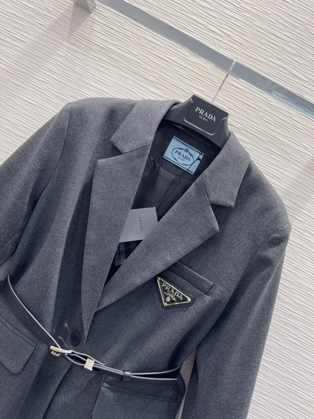 Prada Belted Tailored Blazer With Triangle Logo Grey