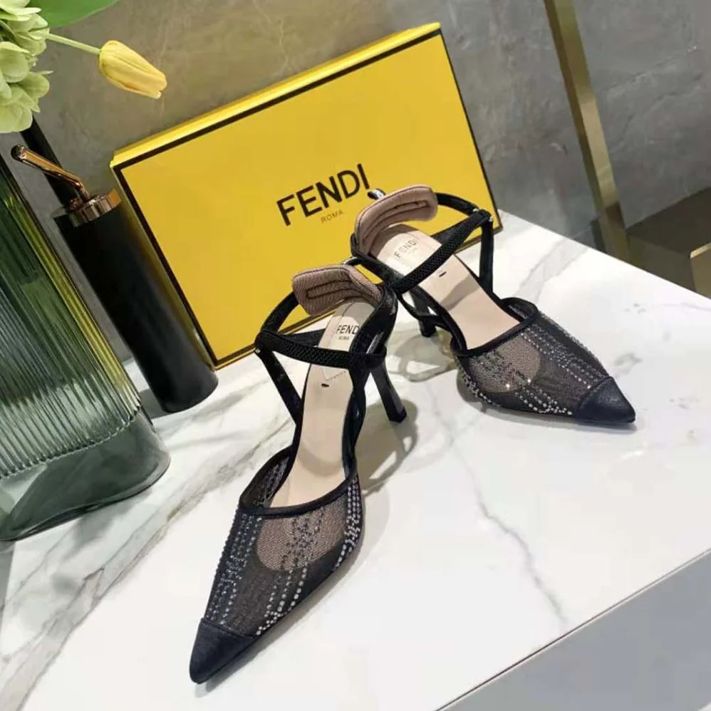 Fendi Colibri Black Mesh High-Heeled Slingbacks with Rhinestone Embroidery for Women Fendi Colibri Black Mesh High-Heeled Slingbacks with Rhinestone Embroidery for Women