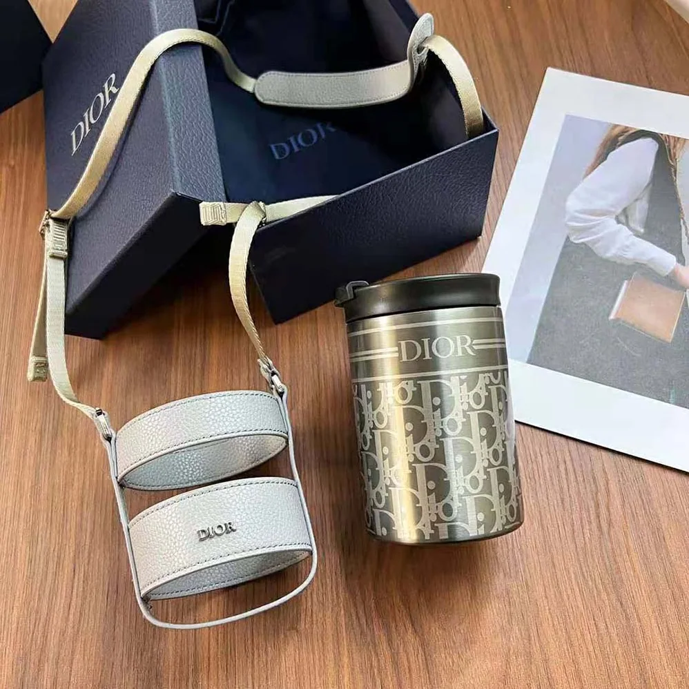 Dior Aqua Mug with Shoulder Strap Dior Gray Grained Calfskin and Dior Oblique Stainless Steel for Unisex