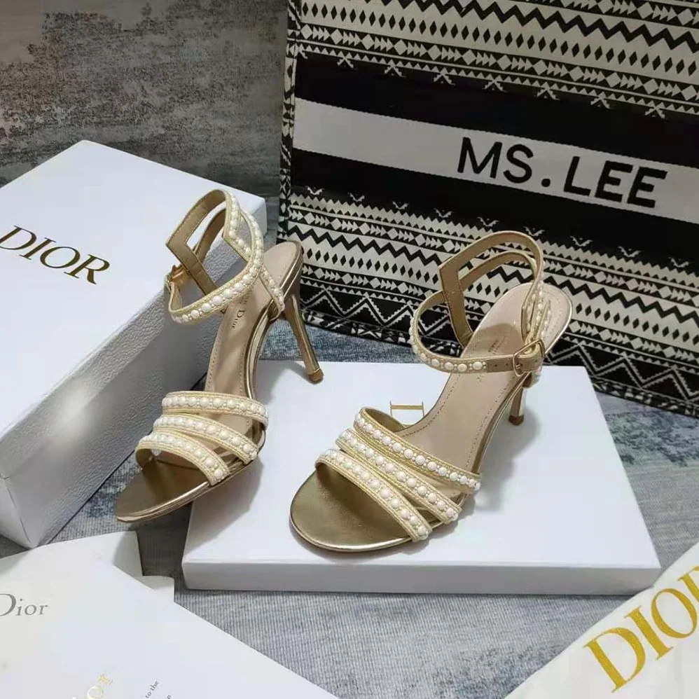 Dior Gem Heeled Sandal Cotton Embroidered with Gold-Tone Metallic Thread and White Beads and Strass for Women Dior Gem Heeled Sandal Cotton Embroidered with Gold-Tone Metallic Thread and White Beads and Strass for Women