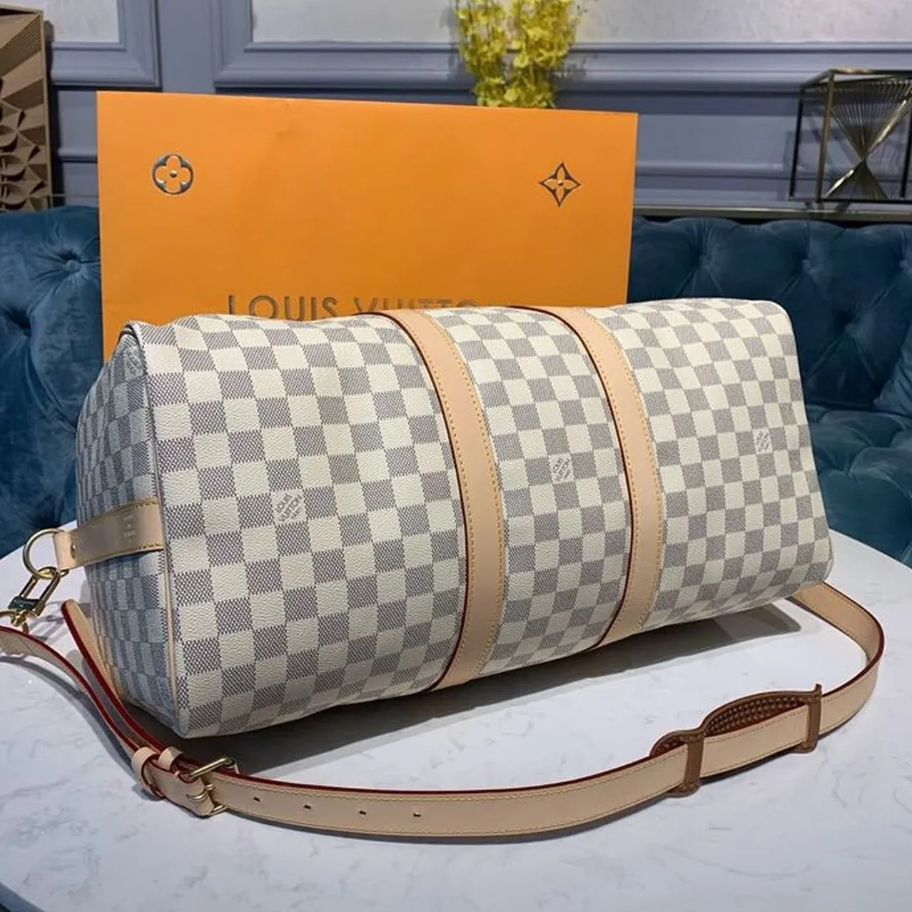 Louis Vuitton Keepall Bandouliere 45 Travel Bag in Damier Azur Gold Hardware Louis Vuitton Keepall Bandouliere 45 Travel Bag in Damier Azur Gold Hardware