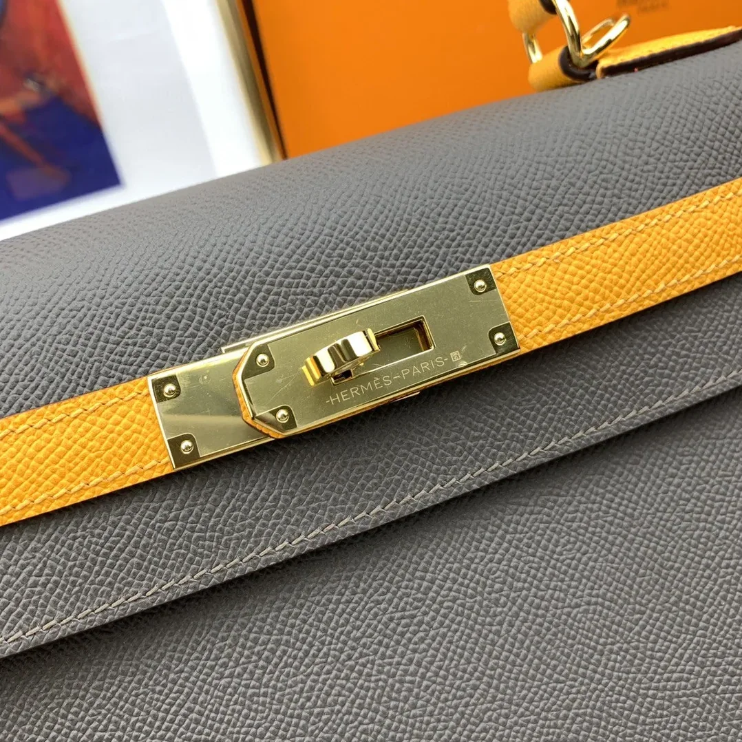 Hermes Kelly 28 Sellier Epsom Dark Grey in Yellow Bag