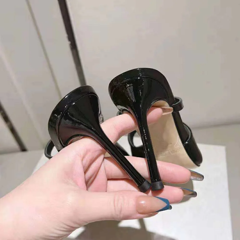 Jimmy Choo Anise 95 Black Patent Leather Mules for Women in Black Jimmy Choo Anise 95 Black Patent Leather Mules for Women in Black