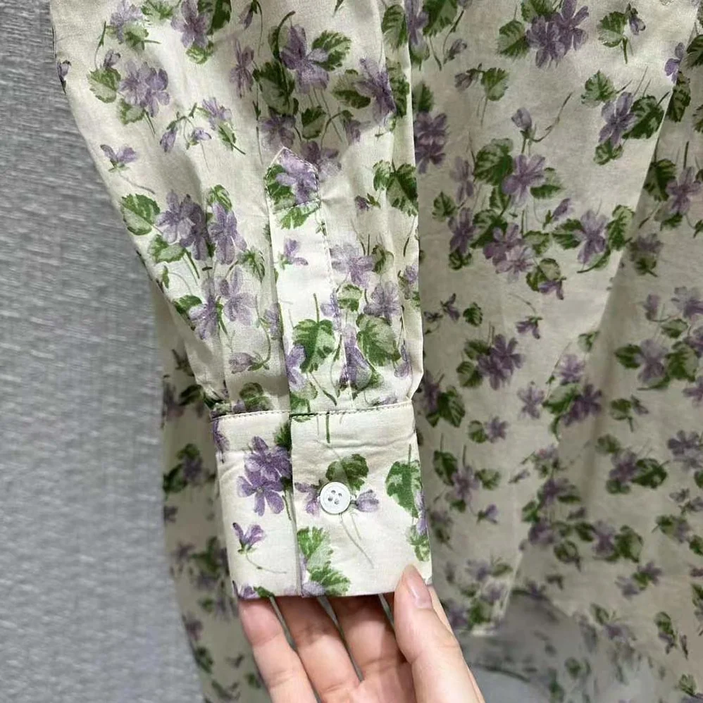 Dior Long Blouse Multicolor Cotton Voile with Violets Motif for Women Dior Long Blouse Multicolor Cotton Voile with Violets Motif for Women