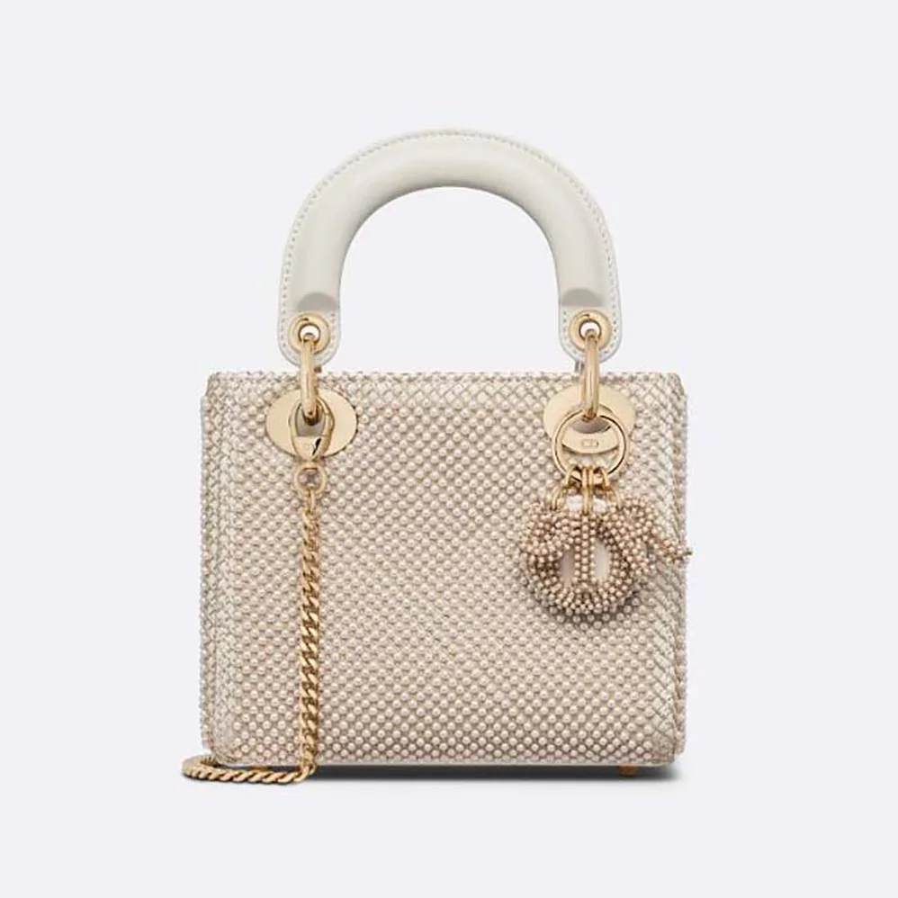 Dior Mini Lady Dior Bag Latte Calfskin Embroidered Entirely with White Resin Pearls for Women