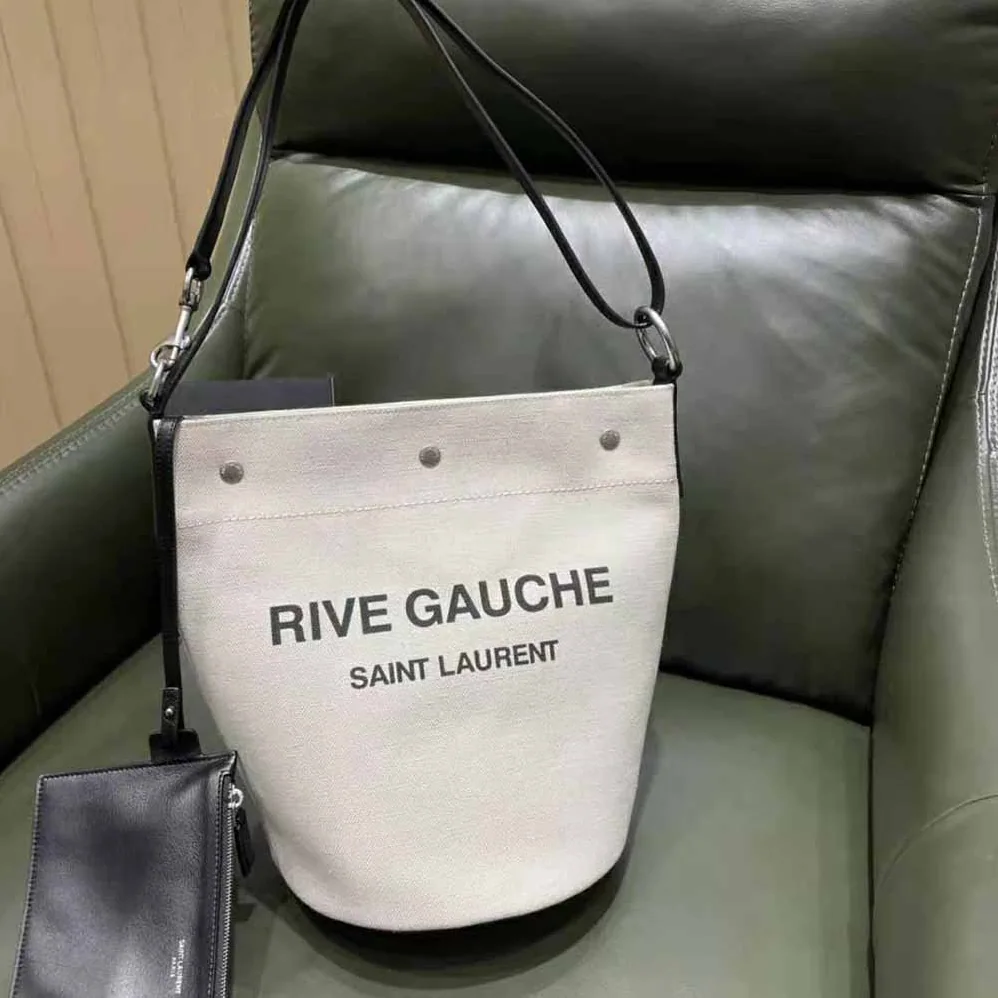 Saint Laurent YSL Rive Gauche Bucket Bag in Linen for Women in Black Saint Laurent YSL Rive Gauche Bucket Bag in Linen for Women in Black