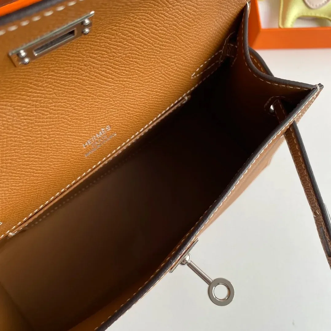 Hermes Kelly Pochette Top Handle Bag in Brown Epsom Palladium Hardware