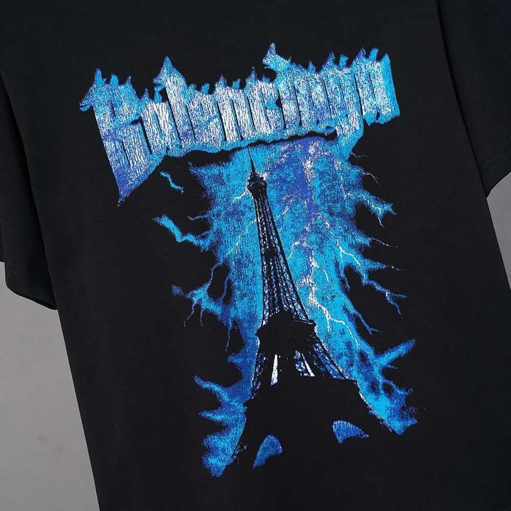 Balenciaga Paris Thunderstorm Oversized T-Shirt in Black Dry Jersey for Men Balenciaga Paris Thunderstorm Oversized T-Shirt in Black Dry Jersey for Men