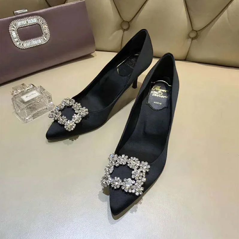 Roger Vivier Silk Flower Strass Pumps 65mm Heel for Women in Black Roger Vivier Silk Flower Strass Pumps 65mm Heel for Women in Black
