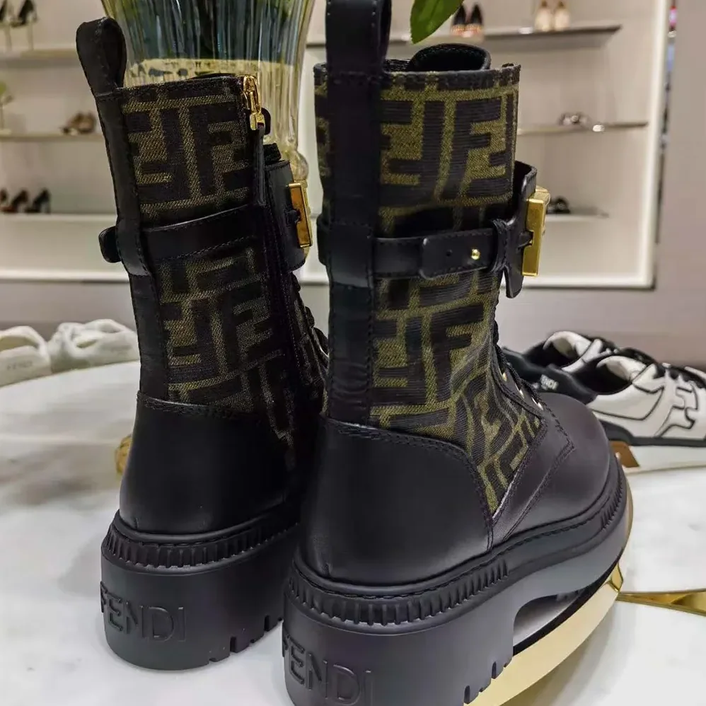 Fendi Fendigraphy Black Leather Biker Boots with Stretch Fabric for Women Fendi Fendigraphy Black Leather Biker Boots with Stretch Fabric for Women
