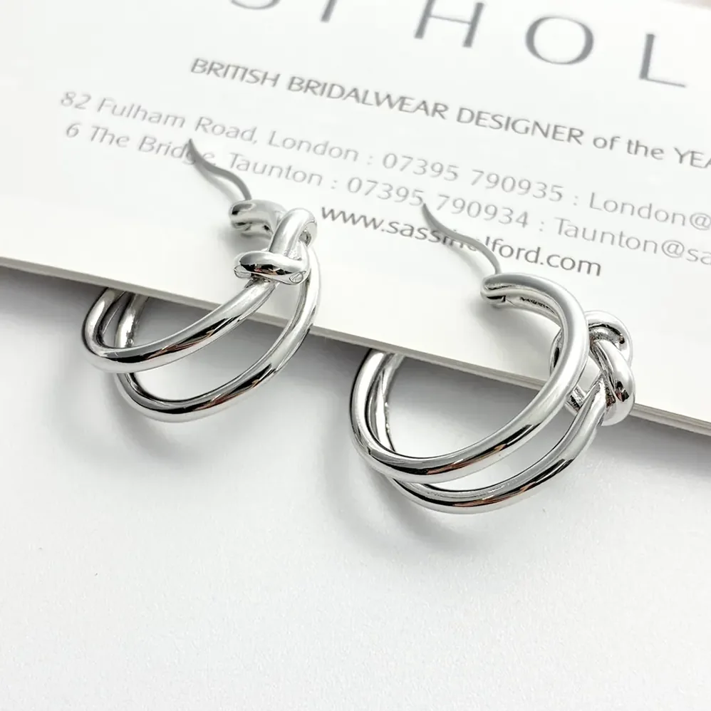 Celine Knot Double Hoops in Brass with Rhodium Finish for Women