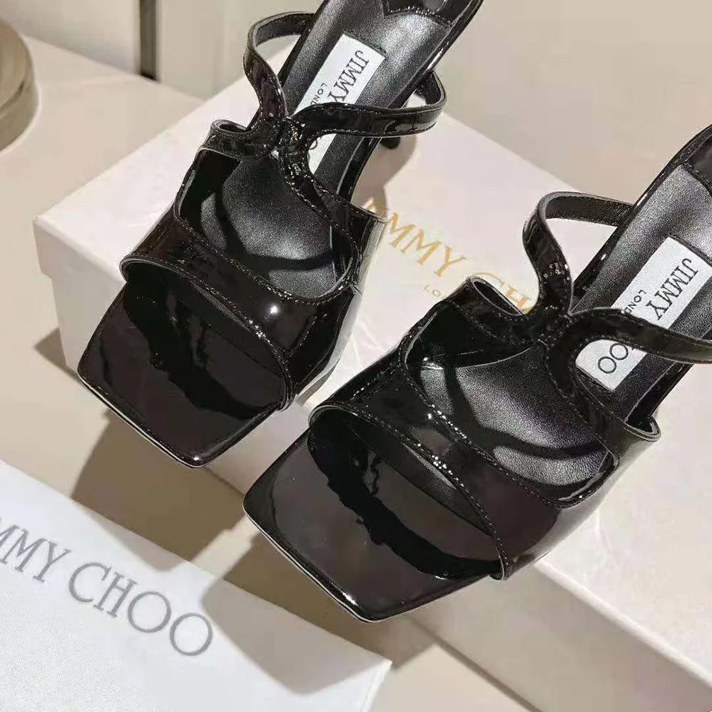 Jimmy Choo Anise 95 Black Patent Leather Mules for Women in Black Jimmy Choo Anise 95 Black Patent Leather Mules for Women in Black