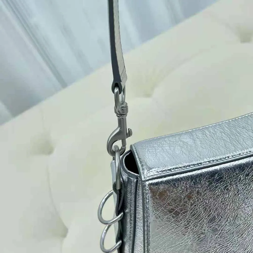 Balenciaga Lindsay Small Shoulder Bag with Strap Pleated Mirror Effect for Women in Silver Balenciaga Lindsay Small Shoulder Bag with Strap Pleated Mirror Effect for Women in Silver