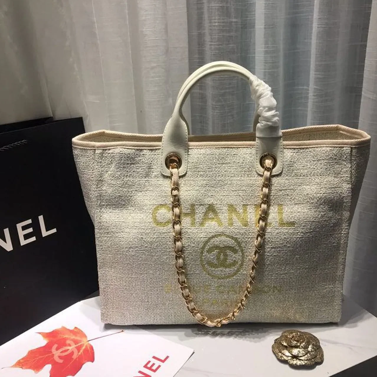 Chanel Deauville Tote Bag / Beige Tweed Canvas Gold Hardware