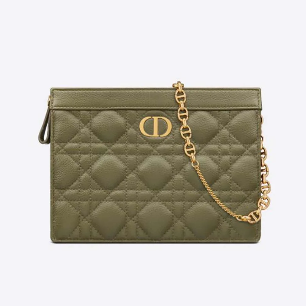 Dior Caro Zipped Pouch with Chain Cedar Green Supple Cannage Calfskin for Women in Green Dior Caro Zipped Pouch with Chain Cedar Green Supple Cannage Calfskin for Women in Green