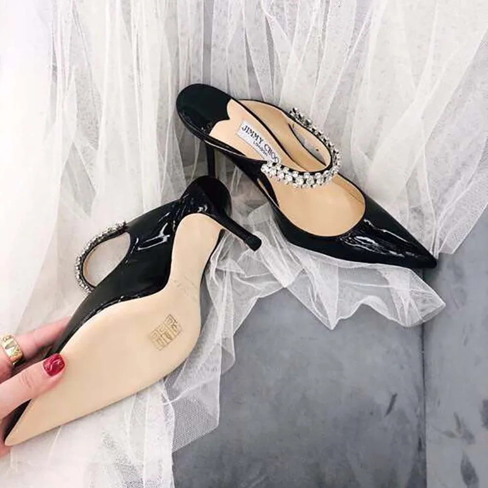 Jimmy Choo Shoes Bing 65 Black Patent Leather Mules with Crystal Strap for Women Jimmy Choo Shoes Bing 65 Black Patent Leather Mules with Crystal Strap for Women