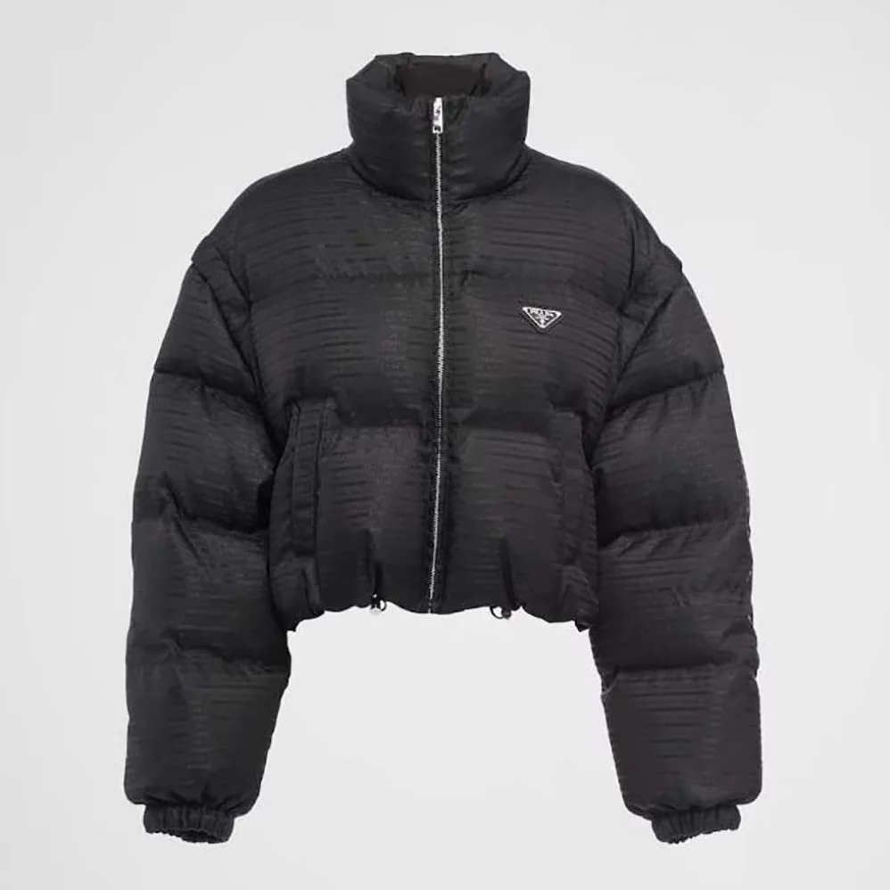 Prada Re-Nylon Cropped Hooded Down Jacket for Women in Black Prada Re-Nylon Cropped Hooded Down Jacket for Women in Black