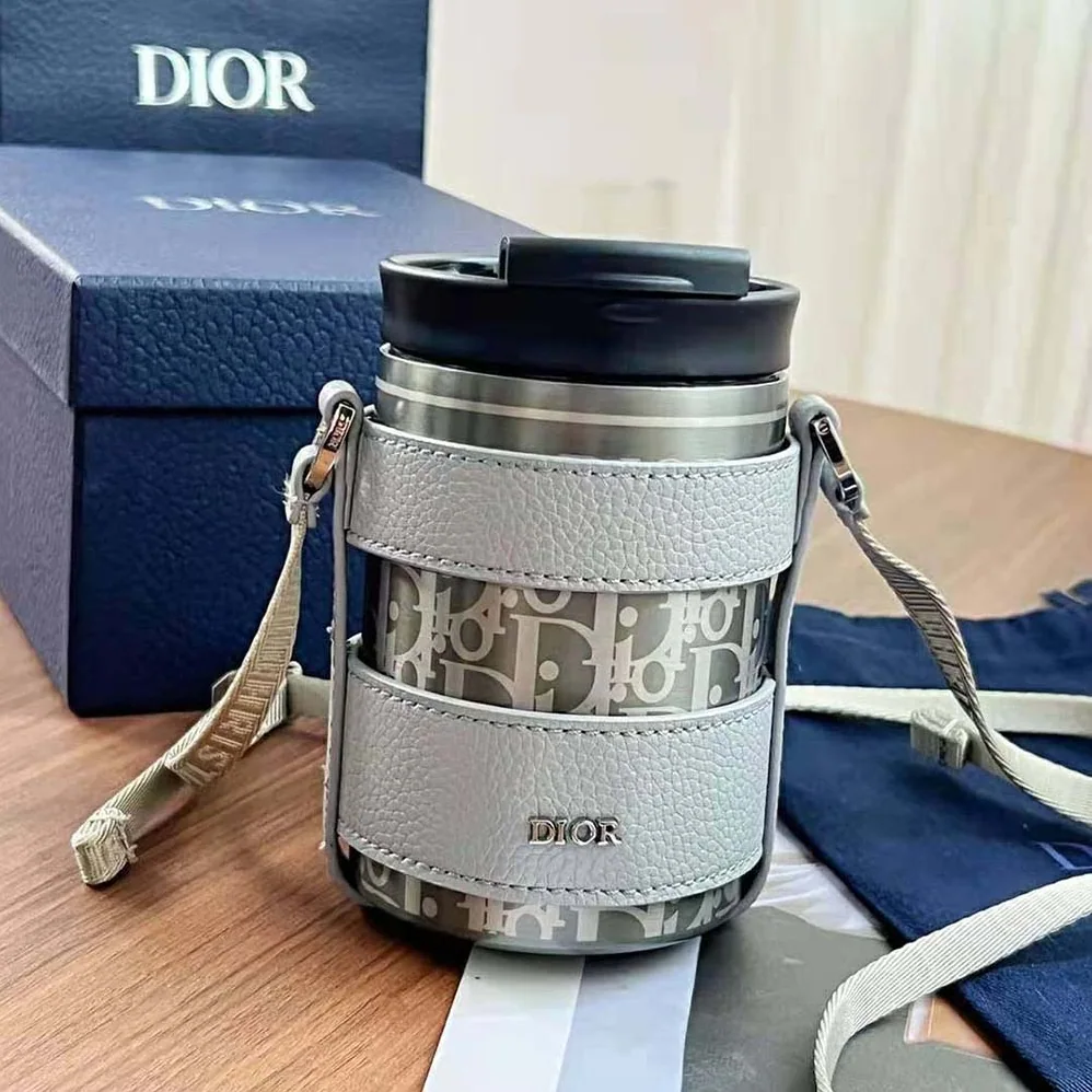 Dior Aqua Mug with Shoulder Strap Dior Gray Grained Calfskin and Dior Oblique Stainless Steel for Unisex