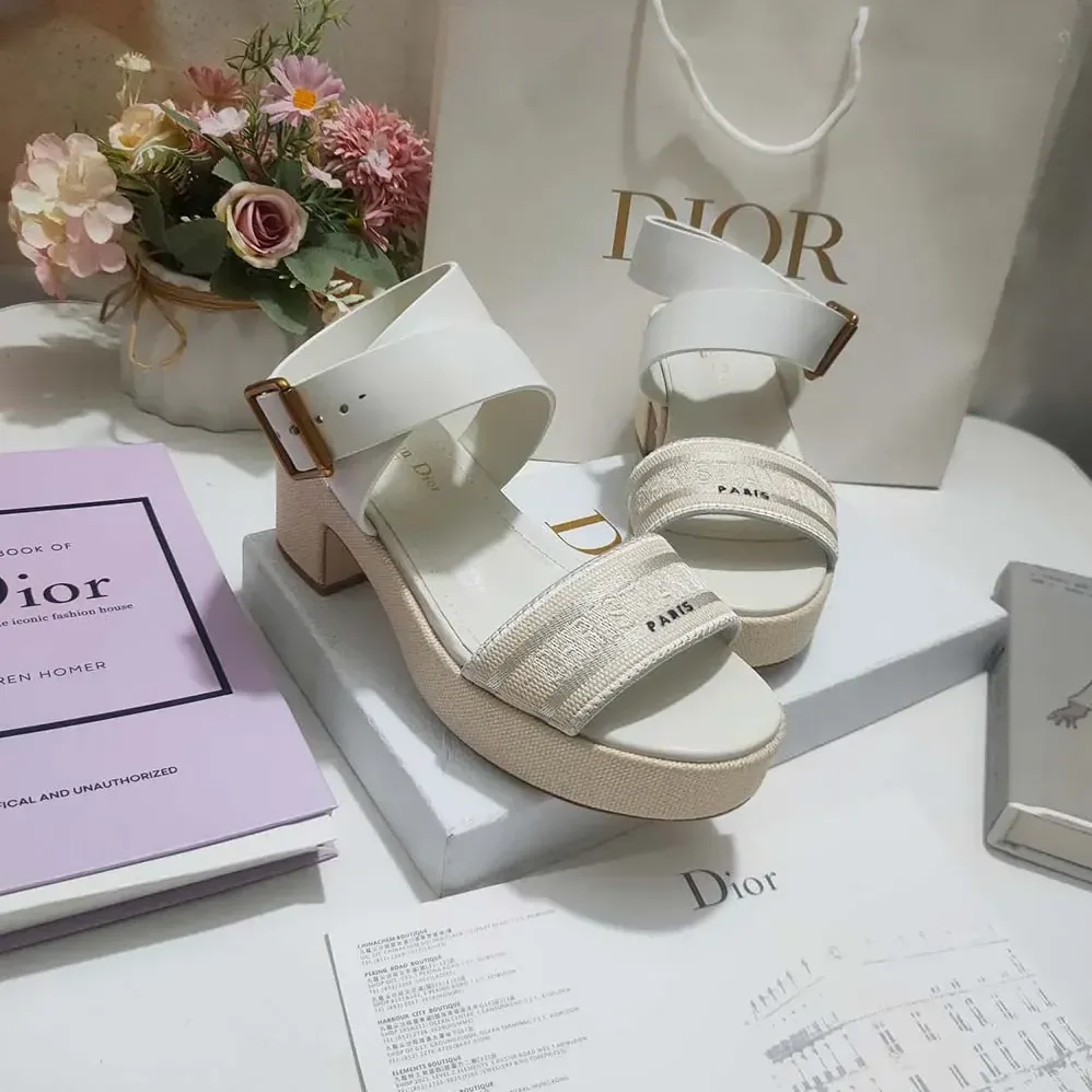 Dior Dioriviera Dway Heeled Sandal Natural Raffia White Calfskin and Embroidered Cotton for Women Dior Dioriviera Dway Heeled Sandal Natural Raffia White Calfskin and Embroidered Cotton for Women