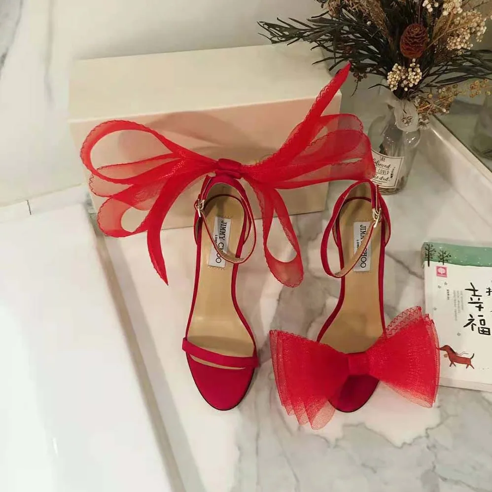 Jimmy Choo Aveline 100 Red Sandals with Asymmetric Grosgrain Mesh Fascinator Bows for Women Jimmy Choo Aveline 100 Red Sandals with Asymmetric Grosgrain Mesh Fascinator Bows for Women