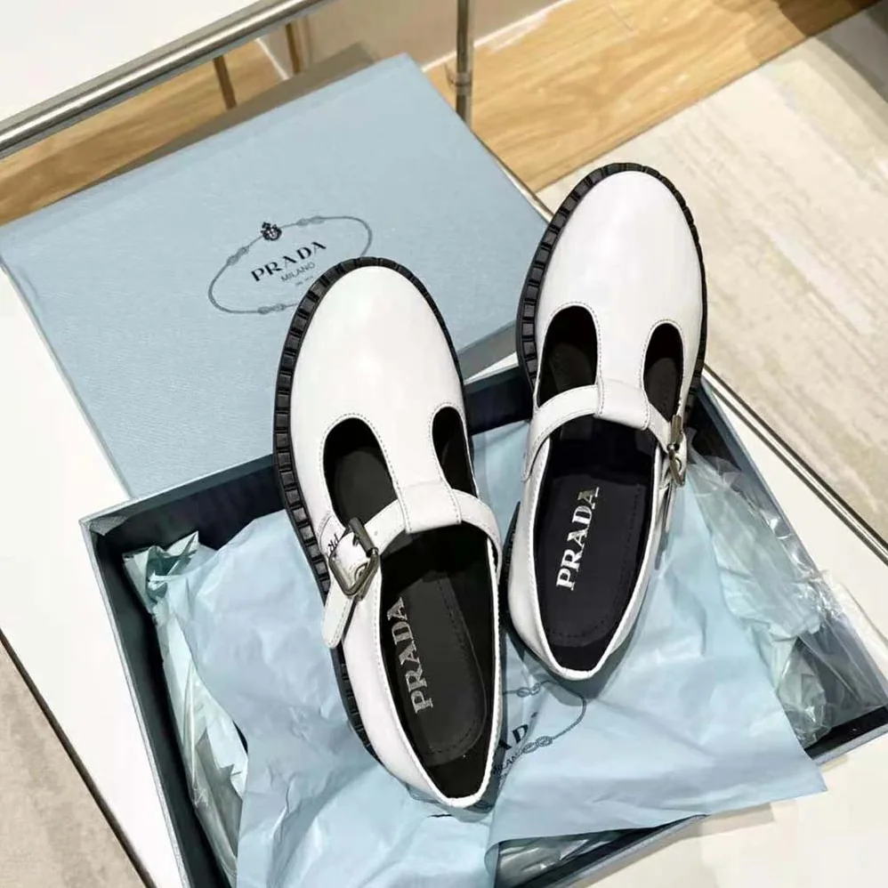 Prada Brushed-Leather Mary Jane T-Strap Shoes for Women in White Prada Brushed-Leather Mary Jane T-Strap Shoes for Women in White