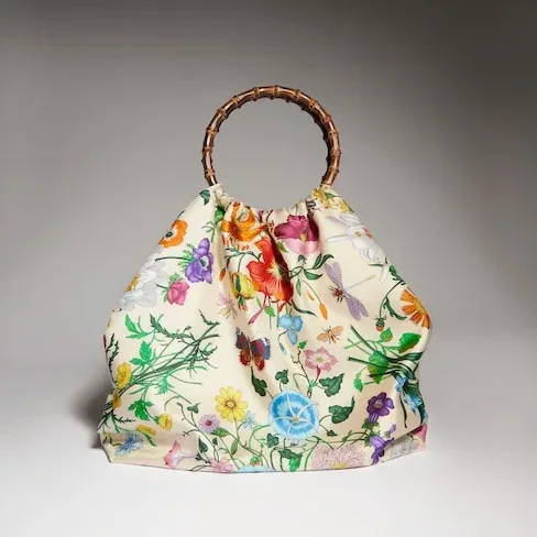 Gucci Silk Maxi With Bamboo Handle Tote Bag in White/ Multicolor Gold Hardware