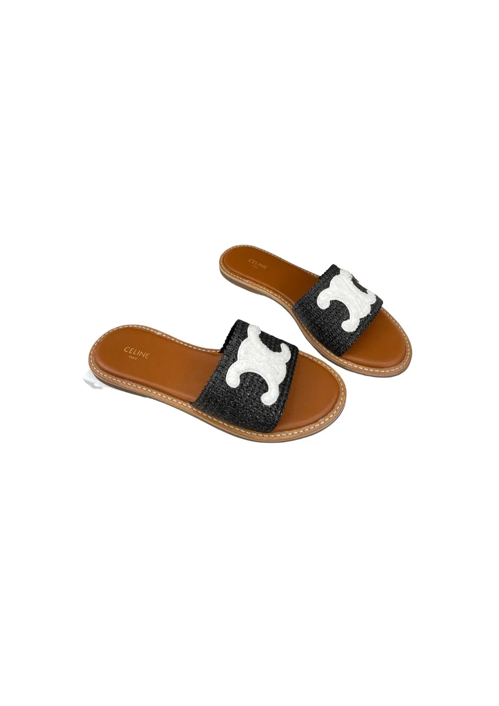 Celine Lympia Flat In Raffia Black