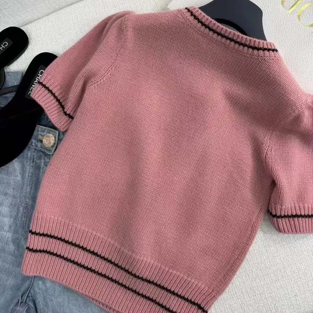 Dior Christian Dior Short-Sleeved Sweater Pink Cashmere and Wool Knit for Women