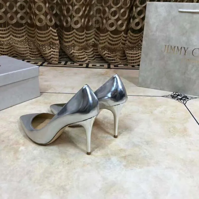Jimmy Choo Shoes Romy 85 Silver Liquid Mirror Leather Pointy Toe Pumps for Women