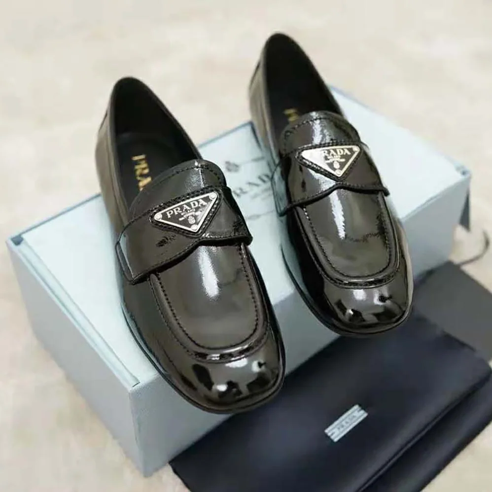 Prada Patent Leather Loafers in 5mm Heel for Women in Black Prada Patent Leather Loafers in 5mm Heel for Women in Black