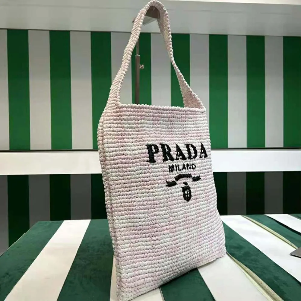 Prada Crochet Tote Bag with Embroidered Lettering Logo for Women in Pink