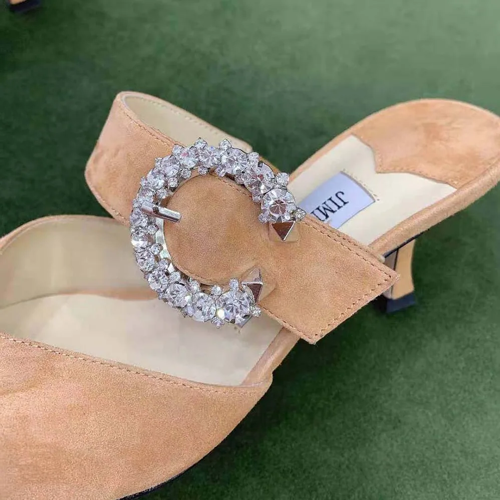 Jimmy Choo Marta 70 Caramel Suede Mules with Crystal Buckle for Women Jimmy Choo Marta 70 Caramel Suede Mules with Crystal Buckle for Women