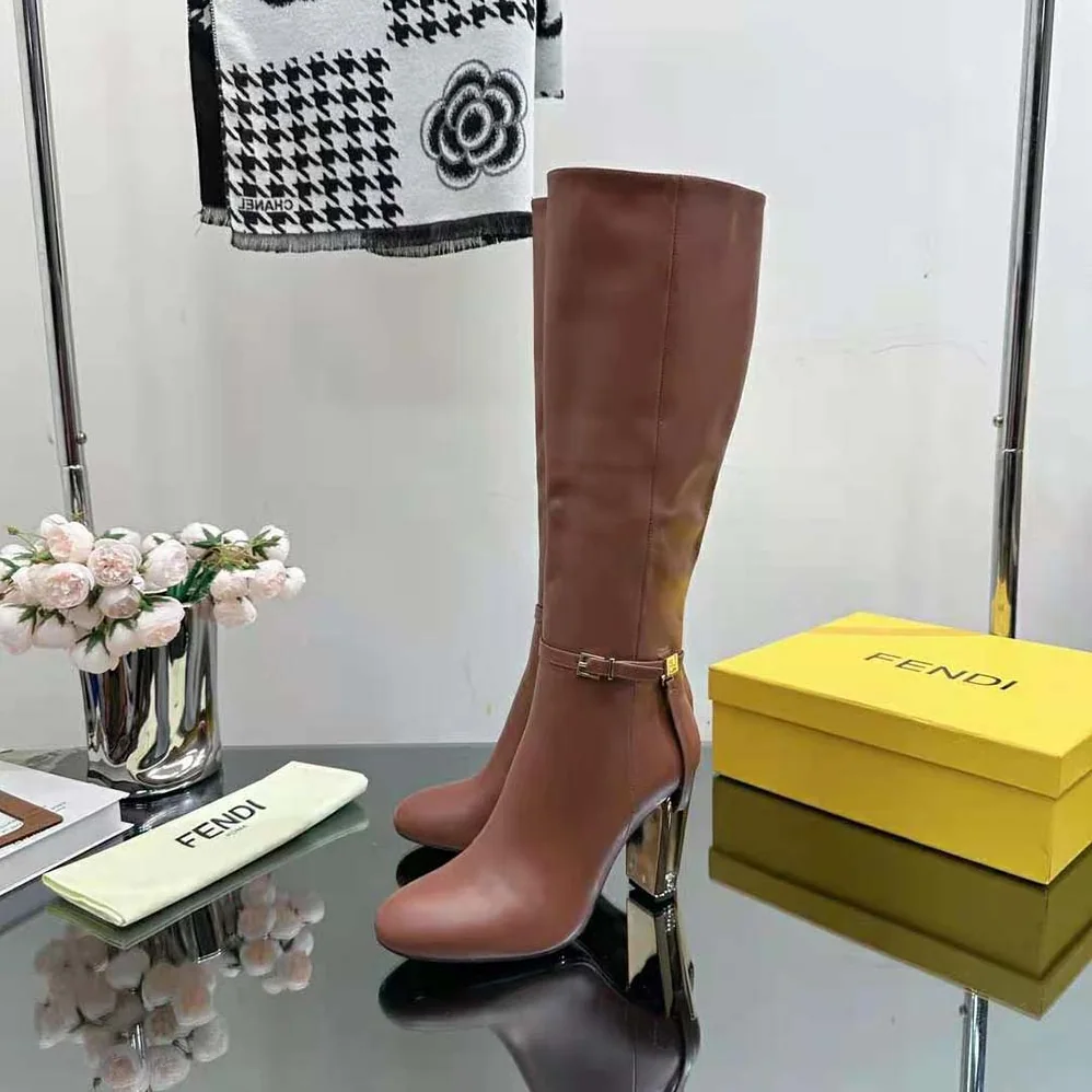 Fendi Delfina Leather High-heeled Boots for Women in Brown Fendi Delfina Leather High-heeled Boots for Women in Brown