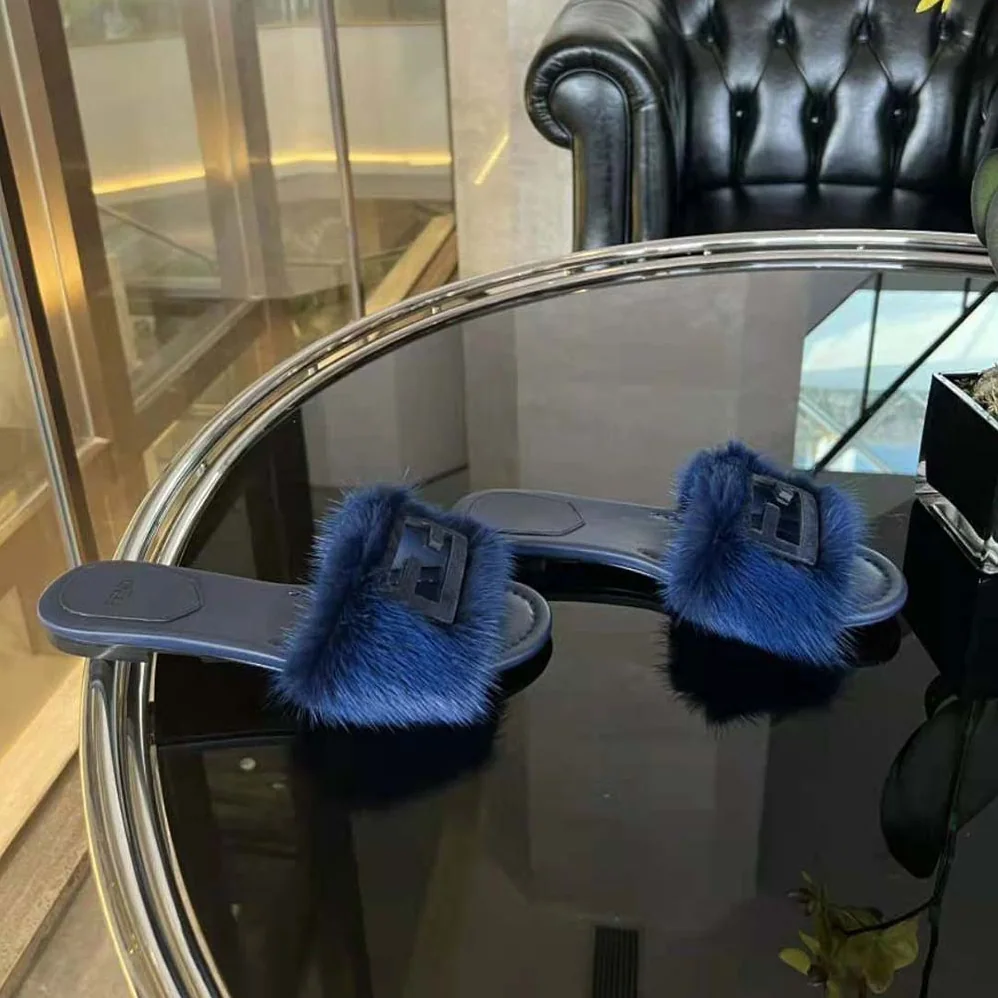 Fendi Baguette Blue Mink Slides for Women Fendi Baguette Blue Mink Slides for Women